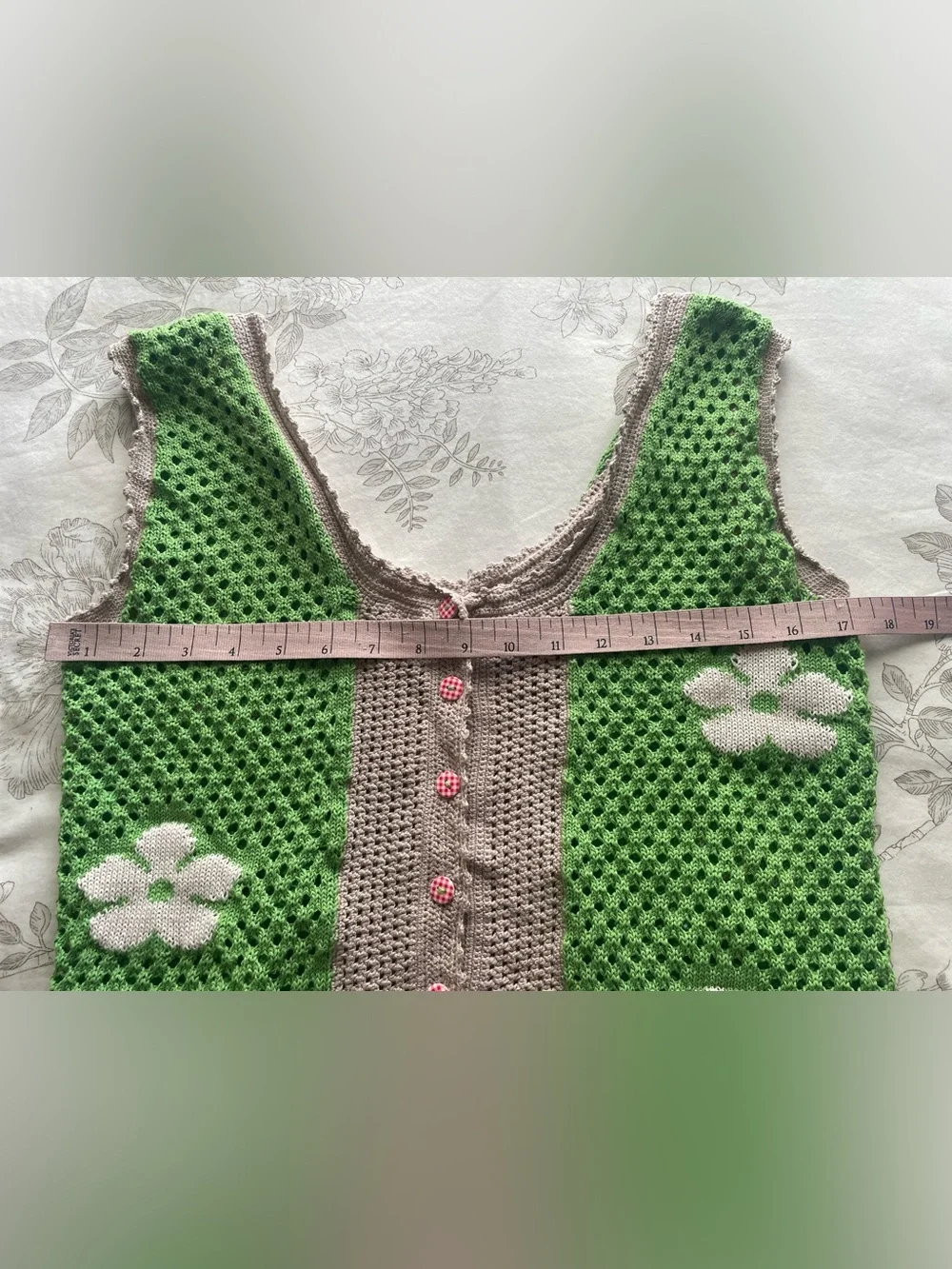 Handmade Green Floral Crochet Button Sleeveless Top Small 6 Cottagecore Boho